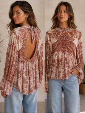 Free People Boho Open Back Blouse | EUC Small | Flowy Bell Sleeve Tie Back Top